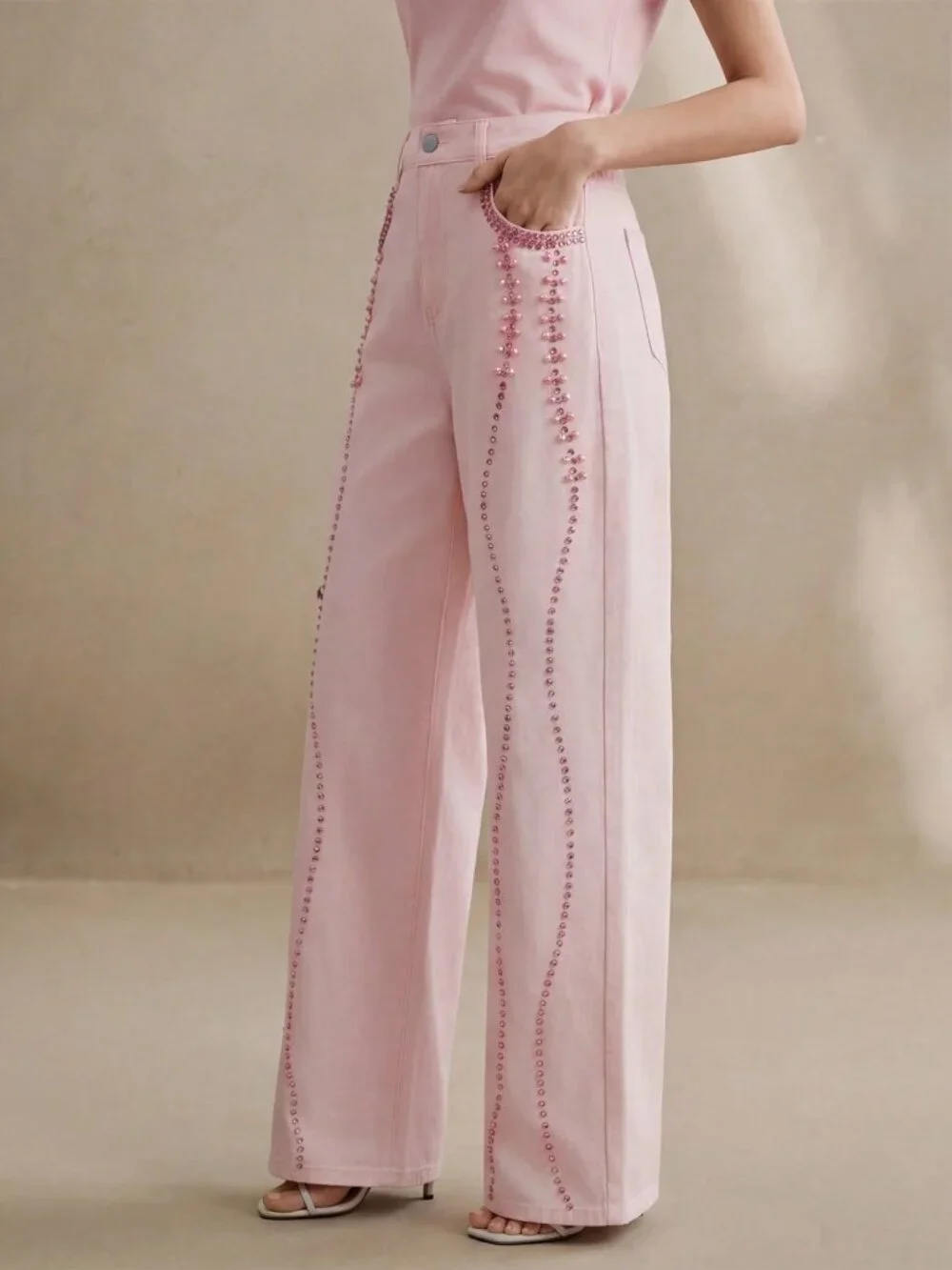 Pink Casual Women's Design Beaded Rhinestone Straight Leg Jeans
